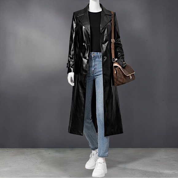Long Black Faux Leather Trench Coat - Women's Coat - Picture 12 of 12